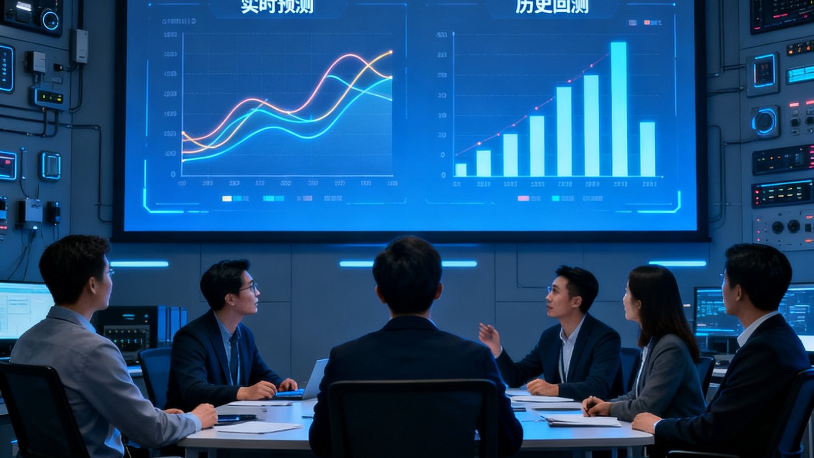 世界杯预测网团队在数据作战室讨论模型，大屏显示实时预测与历史回测
